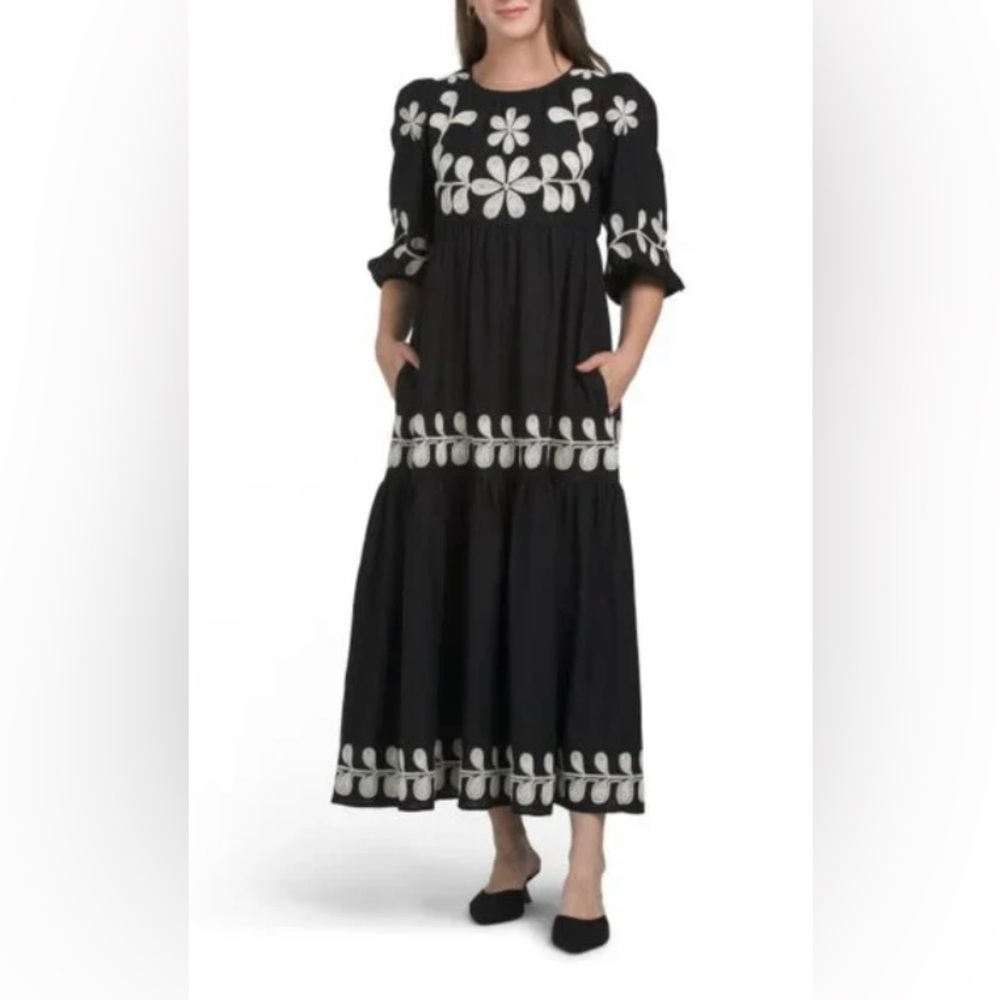 Caroline Constas Black Linen Blend Dress with White Embroidered Floral Accents